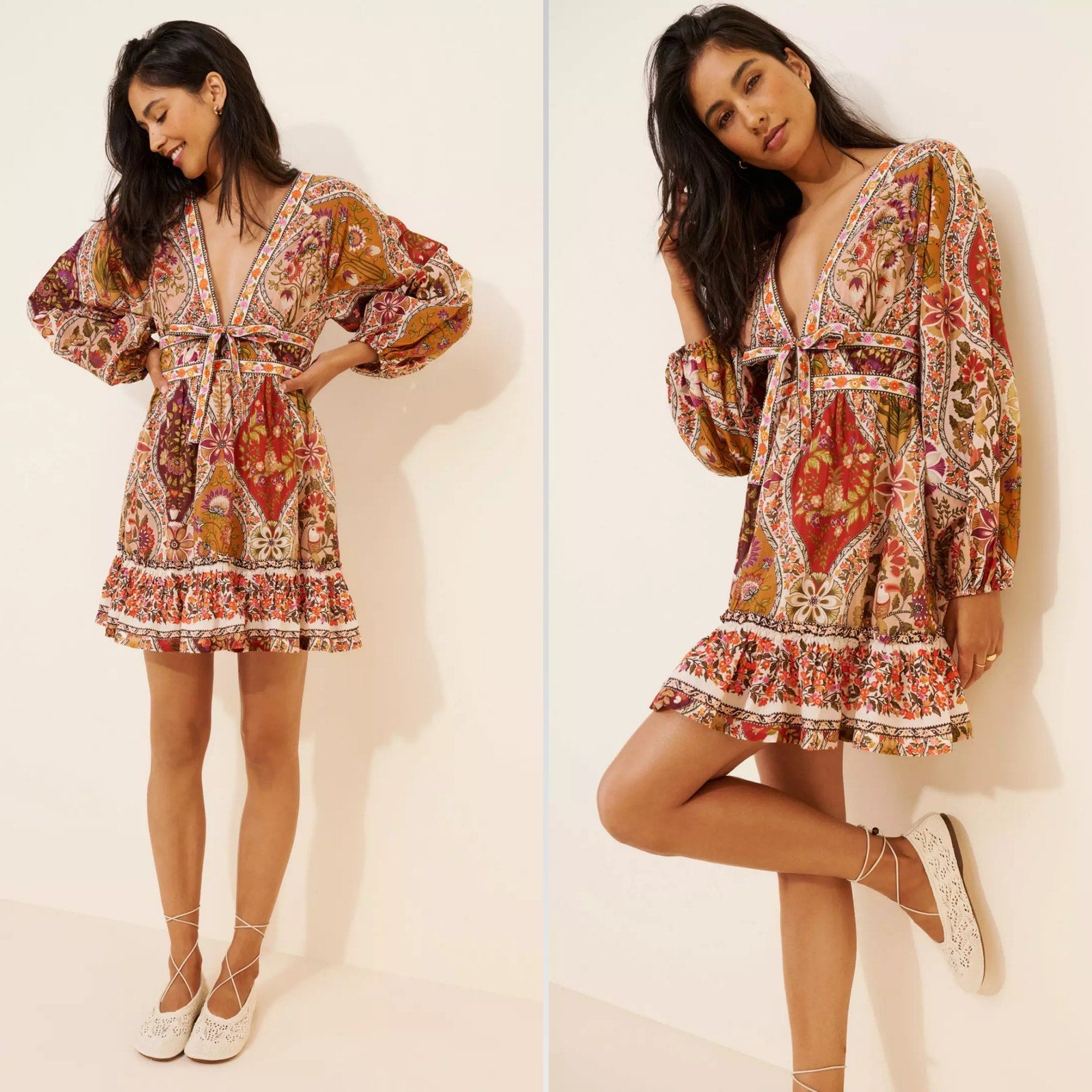 NWT FARM Rio Romantic Nature Mini Dress sz Small Floral Boho Belt Deep V Plunge