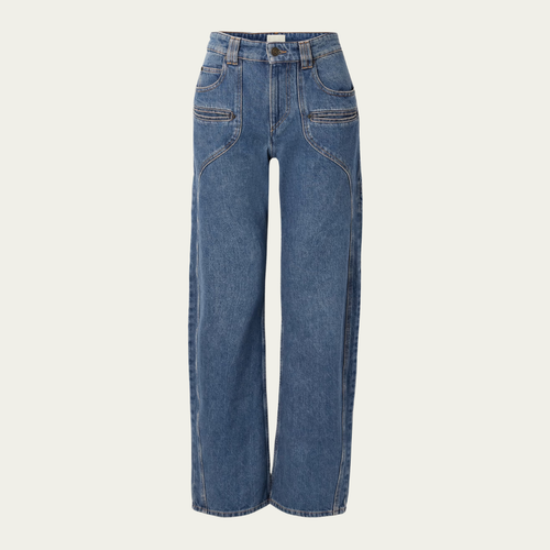 695 ISABEL MARANT BETIANE JEANS size 40 Wide Leg Zip Fly Unique Stitching Logo