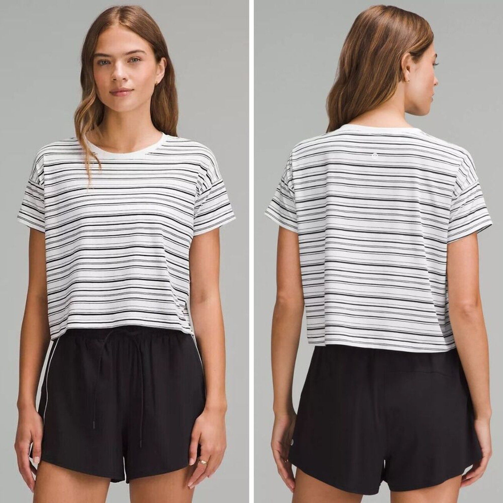 Lululemon Cates T-Shirt Striped Crop Black White Tee size 4