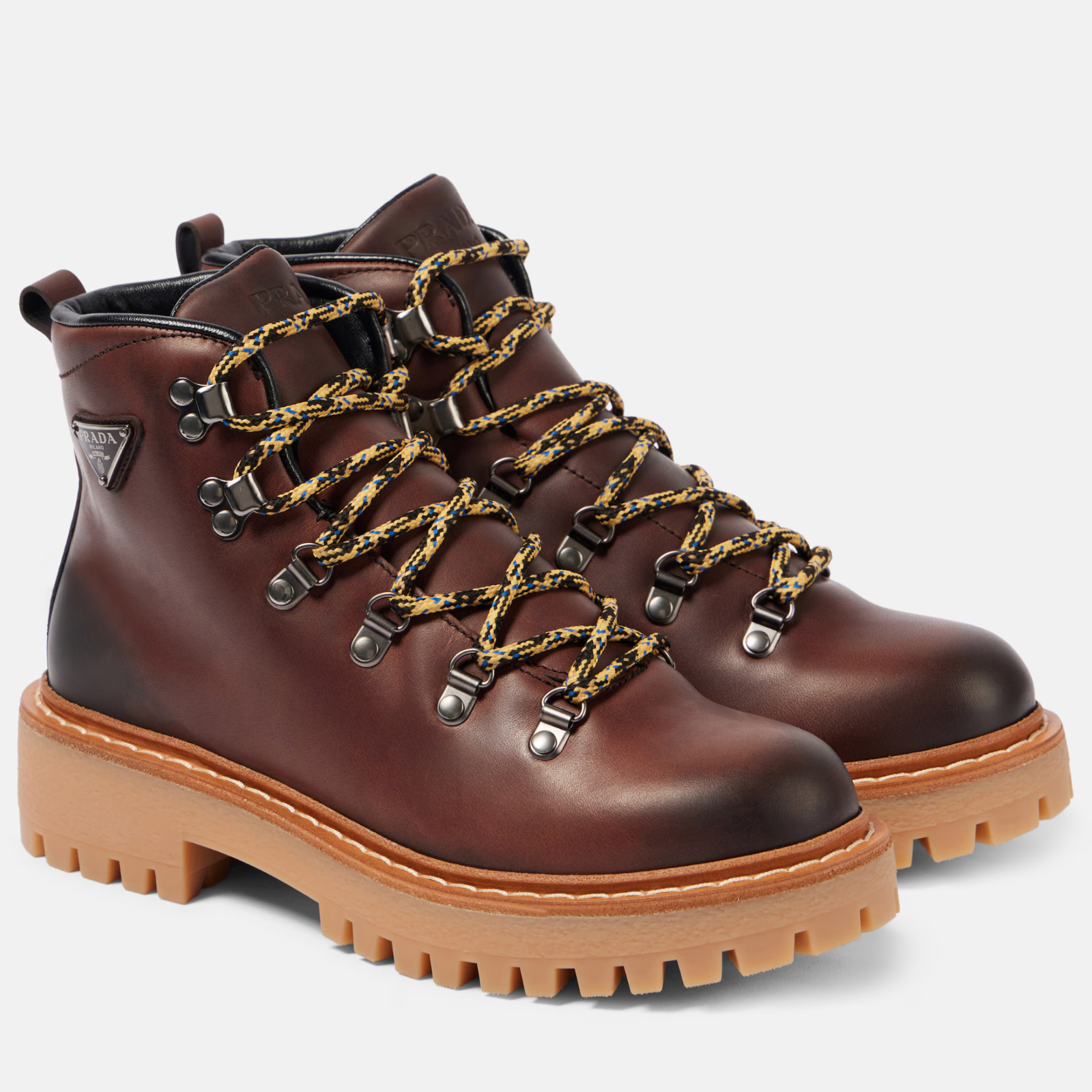 PRADA St. Moritz Leather Lace-Up Combat Hiking Boots Cognac size EU 41 US 11
