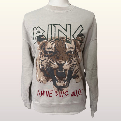 ANINE BING MUSE Tiger Graphic Sweatshirt Bone Tan sz Small 100% Cotton Pullover