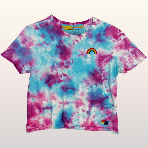 Aviator Nation Tie Dye Rainbow Boxy Tee size Small Pink Blue Purple Cropped
