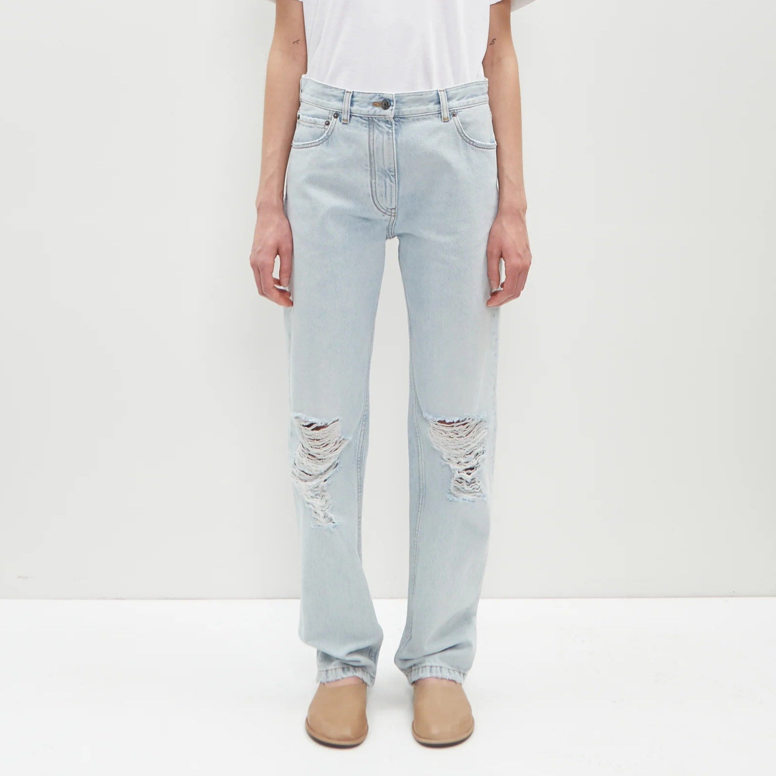 THE ROW Burty Distressed Straight Leg Distressed Boyfriend Bleached Denim Jeans