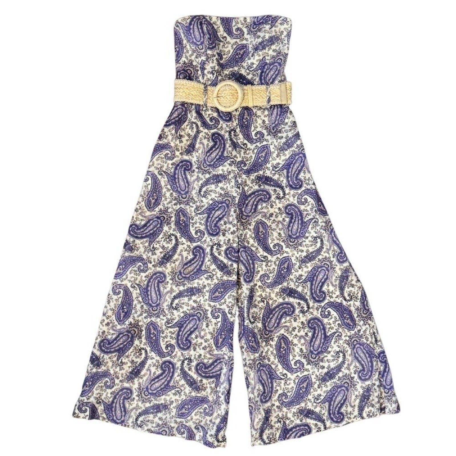 Zimmermann Devi Strapless Belted Cropped Paisley Print Linen Jumpsuit Resortwear