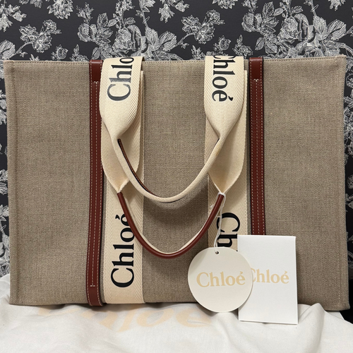 AUTHENTIC Brand New w/Dust Bag CHLOE Large Woody Linen Canvas Tote Bag $1650