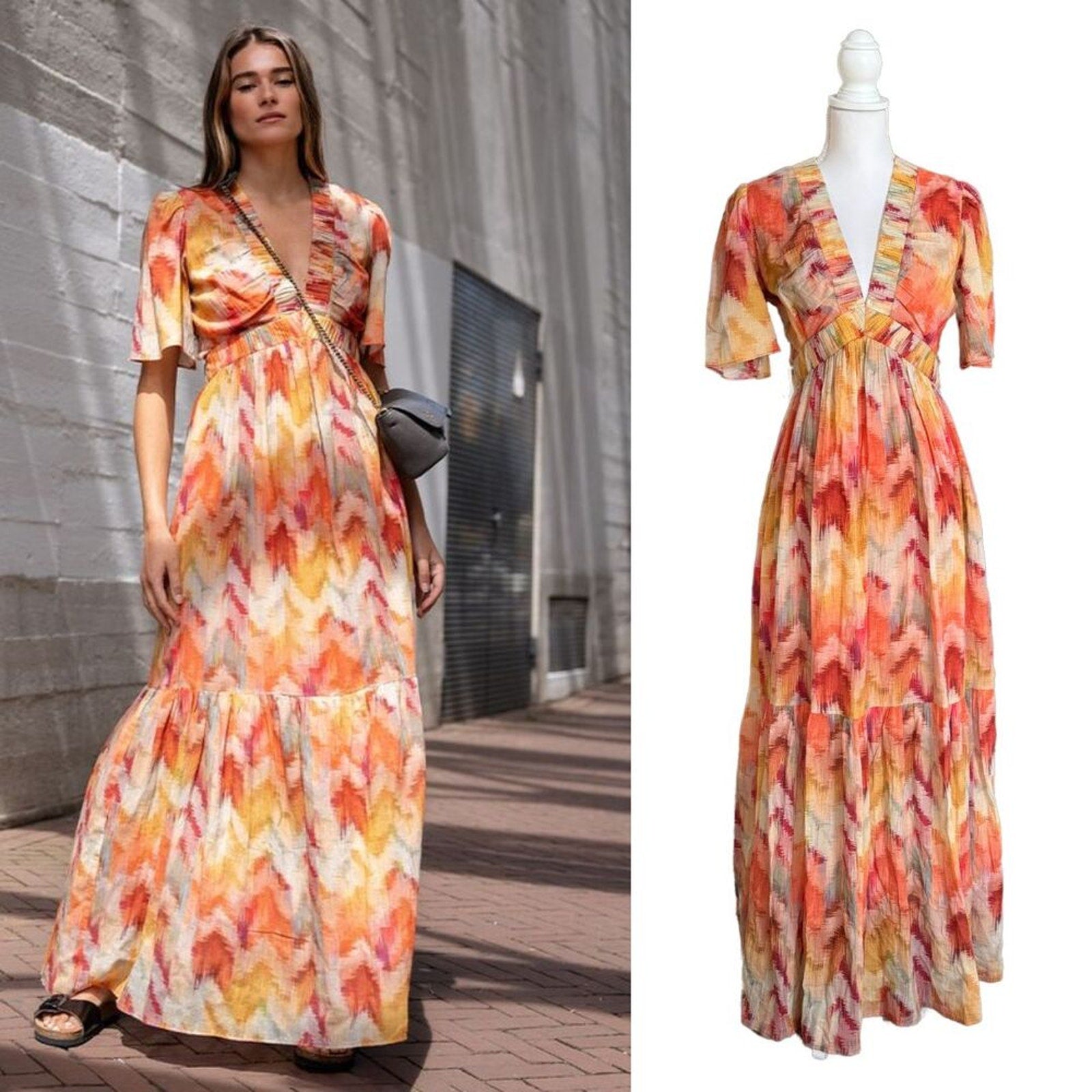 NWT ba&sh Axana Maxi Dress Ocre Size Medium 100% Cotton Boho Chevron Print