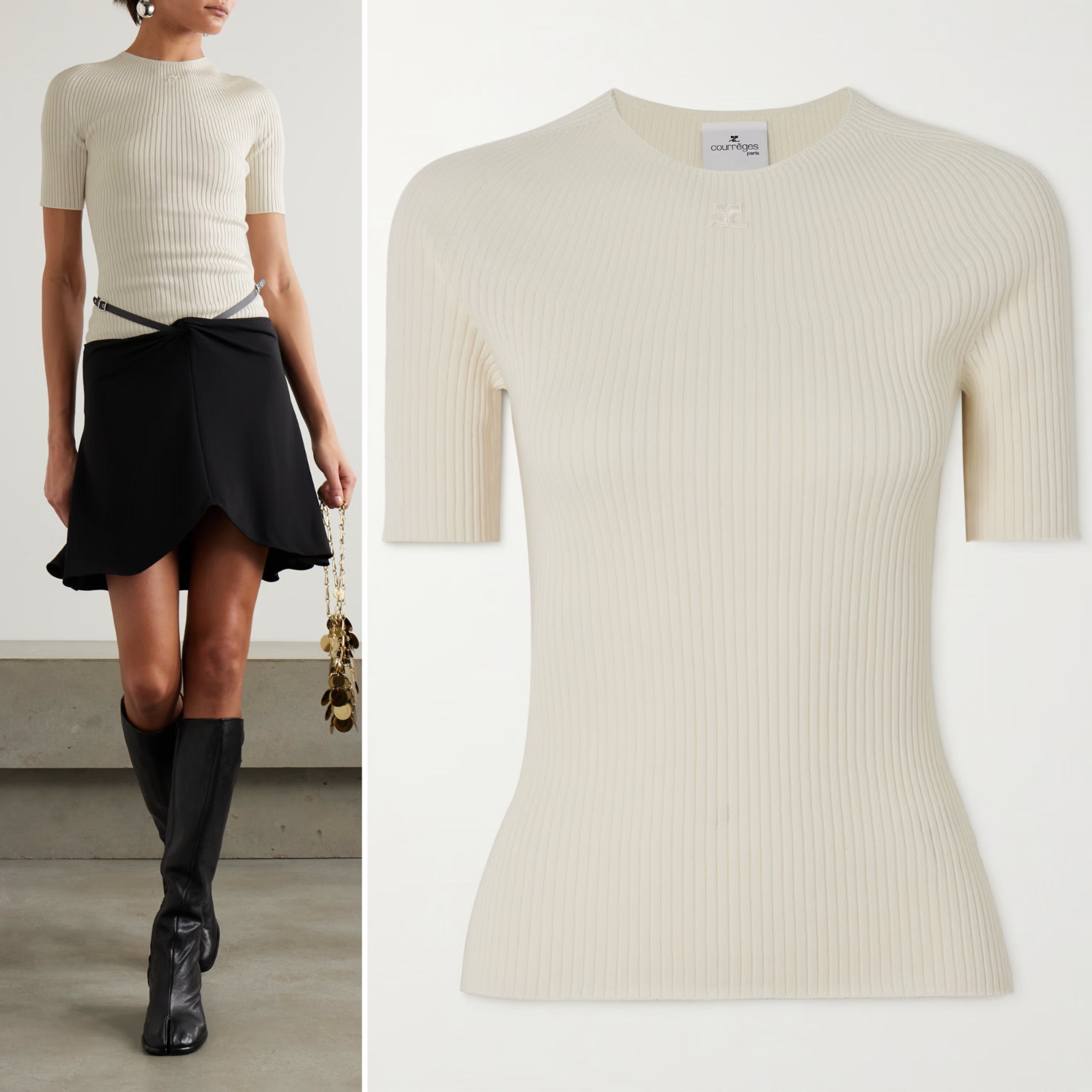 Courrèges Solar Light Logo Sweater Embroidered Ribbed Cotton Cream size Medium