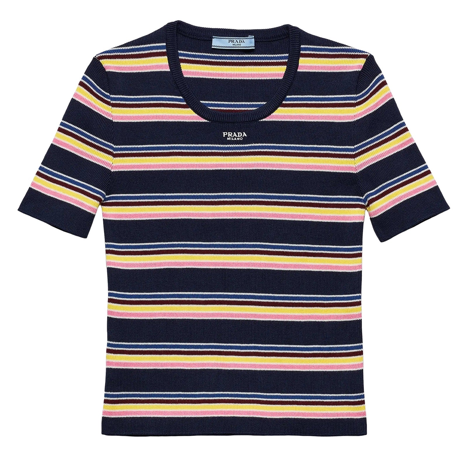 Prada Cotton Crewneck Striped Sweater | sz 38 (US sz 2) Ribbed Logo Short Sleeve