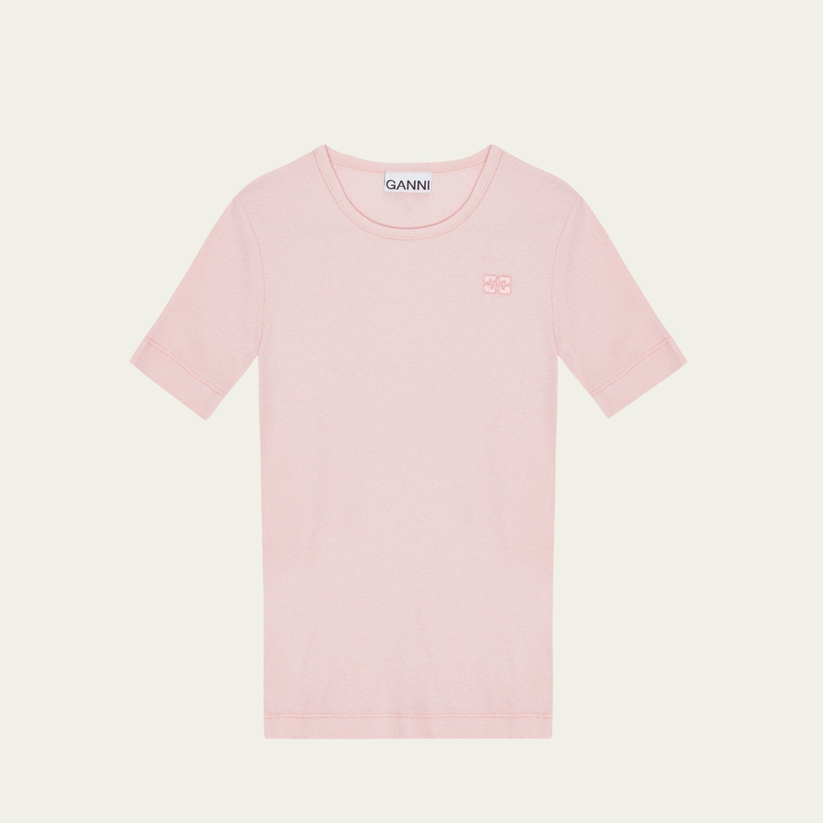 NWT Ganni T4015 SOFT COTTON RIB SS T-SHIRT, Chalk Pink, sz MEDIUM