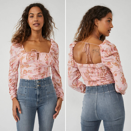 Free People Cottagecore Boho Floral Puff Sleeve Square Neck Top S